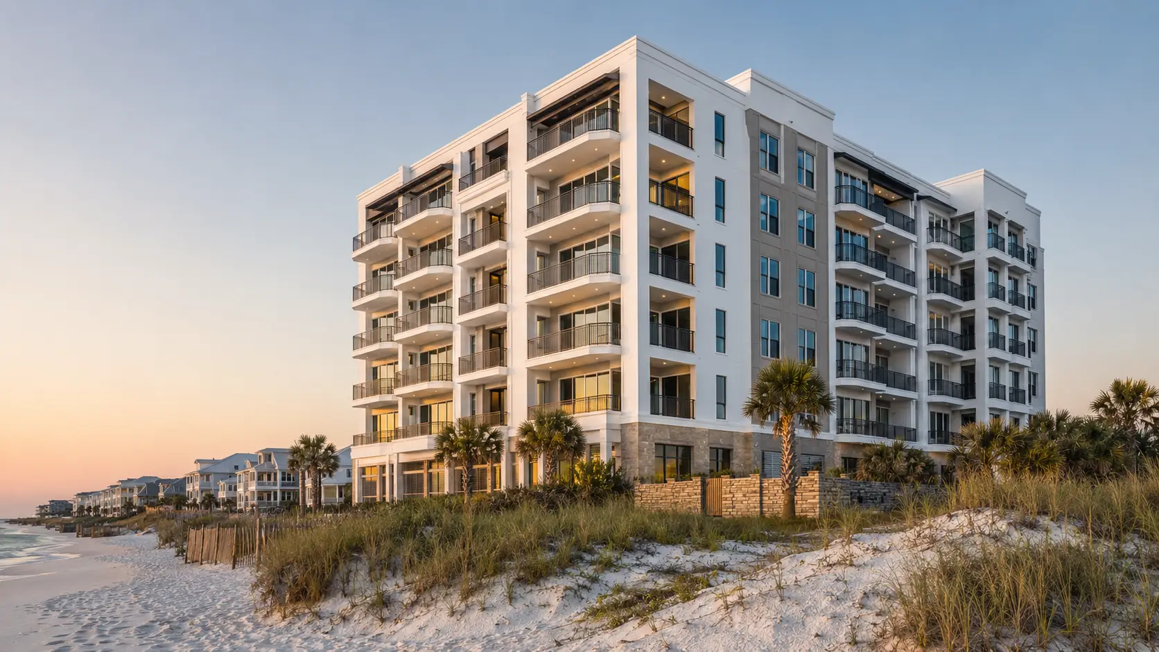 Coastal condo at dusk with palms