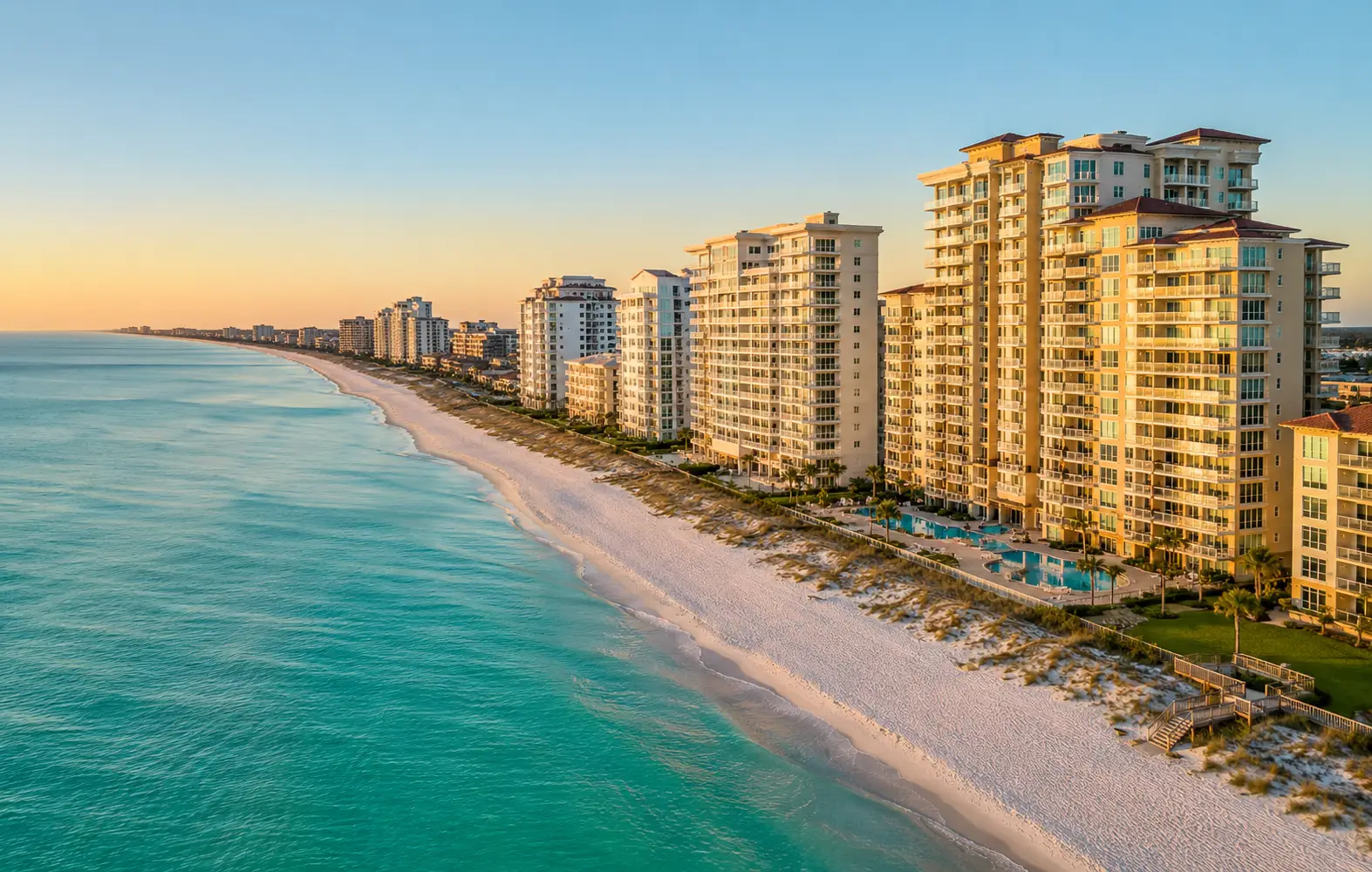 Coastal resort skyline at golden hour